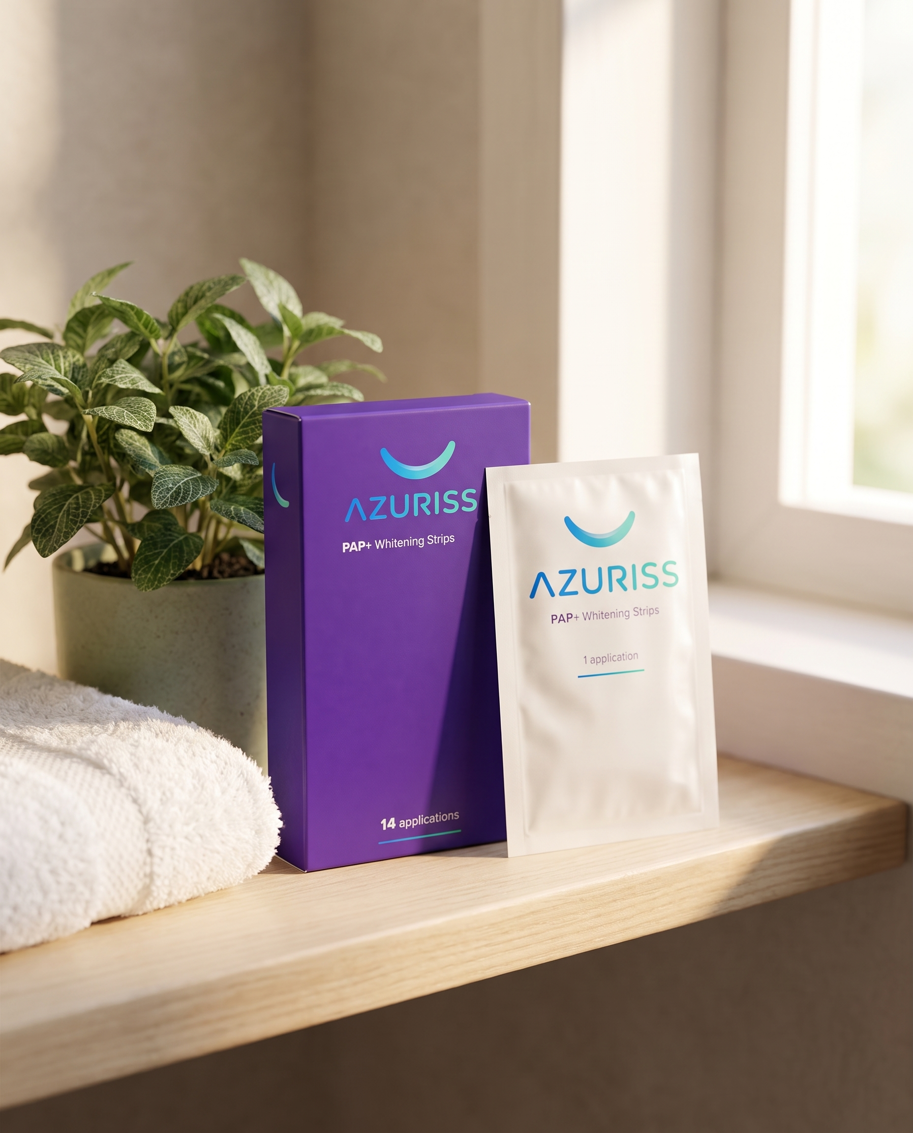 Azuriss v koupelně vedle ručníku a rostliny